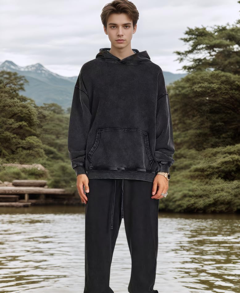 Men's Y2K Acid Wash Solid Hoodies Oversize Vintage Hip-Hop Baggy Sweatshirt Casual Pullover Hoodie2