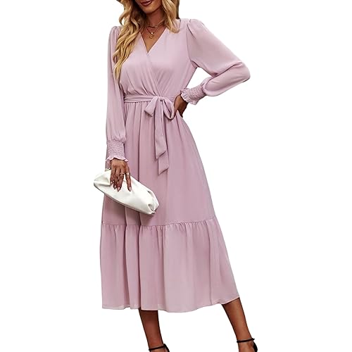 PRETTYGARDEN Women's Floral Print Boho Dress Long Sleeve Wrap V Neck Ruffle Belted A-Line Flowy Maxi Dresses