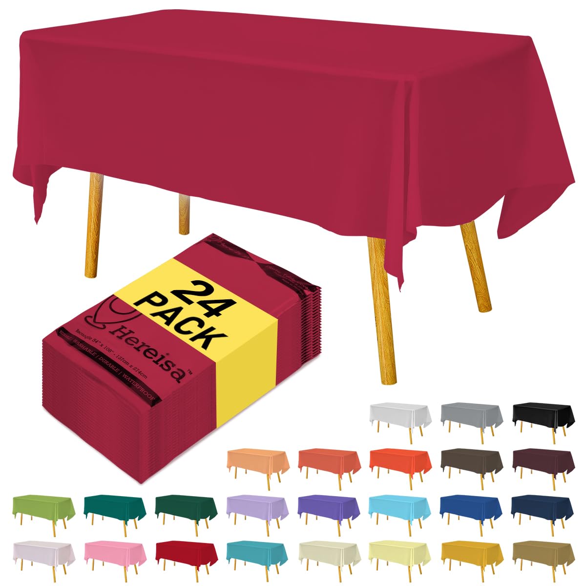 Hereisa Cerise Tablecloth Disposable Plastic Table Cover for Rectangle Tables (24 Pack) Premium Plastic Table Cloths for Parties, Events & Weddings,