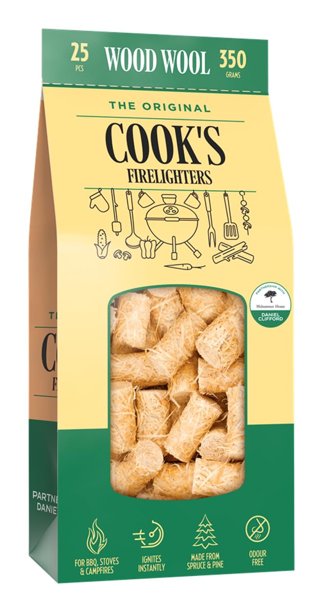 Cook's Natural Firelighters, pack of 25, Wood Wool, Odourless, Fast Lighting, for Wood Burners, BBQ Ovens, Stoves and Fireplaces