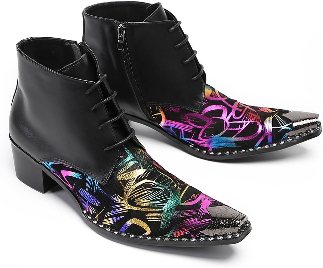 Santimon Men’s Top-Grain Leather Dress Ankle Oxfords Boots, Colorful Abstract Print Cowboy Boot with Side Zipper & Metal Toe for Wedding Party Prom Office