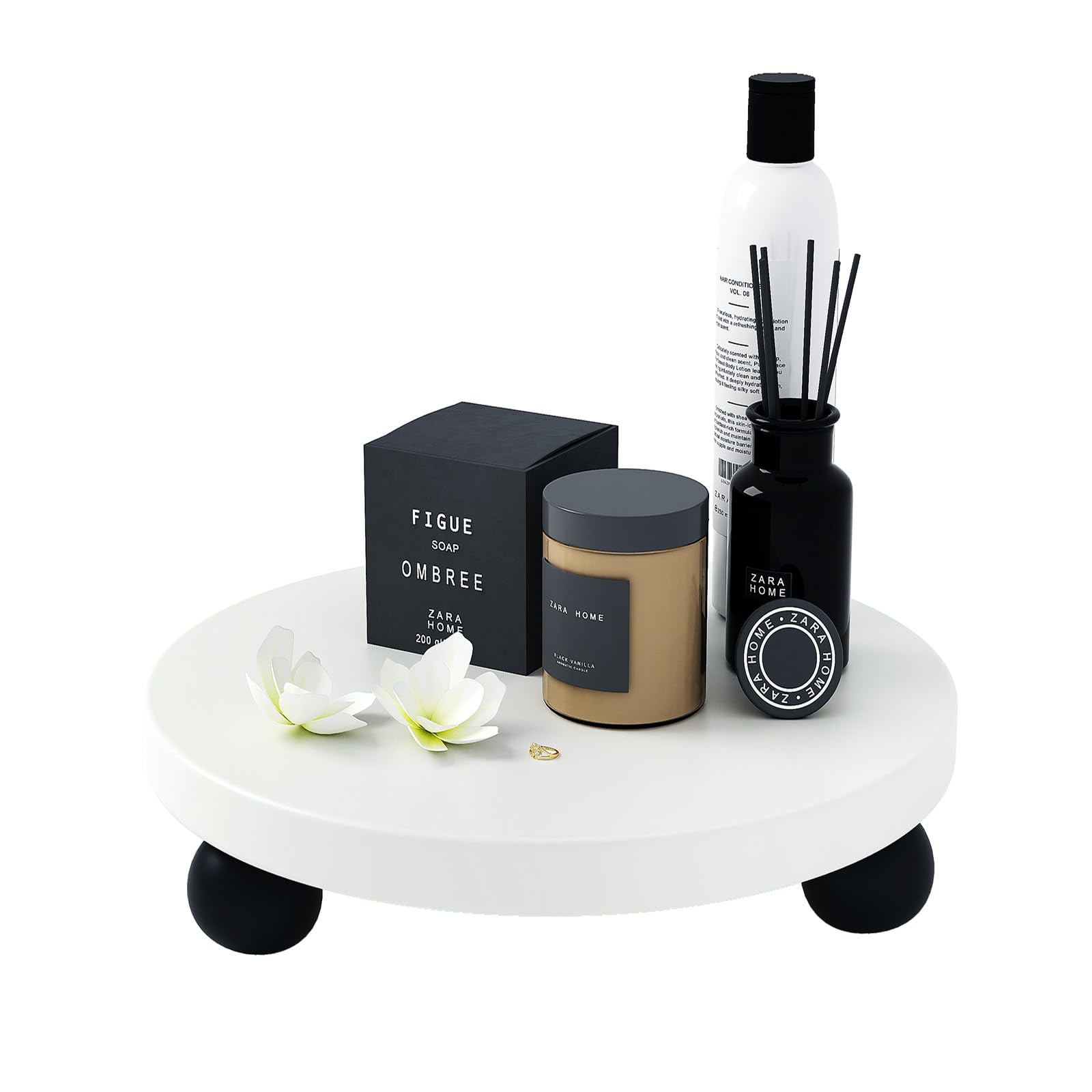 LitaEther 9.8" Round Wood Risers for Display, Wooden Decorative Tray for Kitchen Decor, Bathroom Sink Waterproof Pedestal Stand for Countertop, for Soap Dish on Risers, Footed Rustic Cake Stand