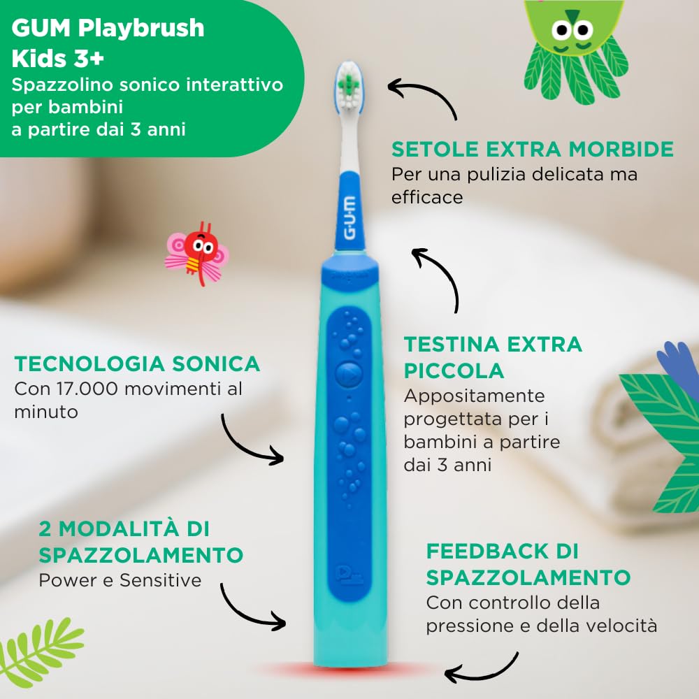 GUM Playbrush KIDS 3+ spazzolino elettrico | app di gioco interattiva | 2 modalità di spazzolamento | setole extra morbide | batteria a 8 settimane | 1x spazzolino ricaricabile | 2 testine extra | Blu
