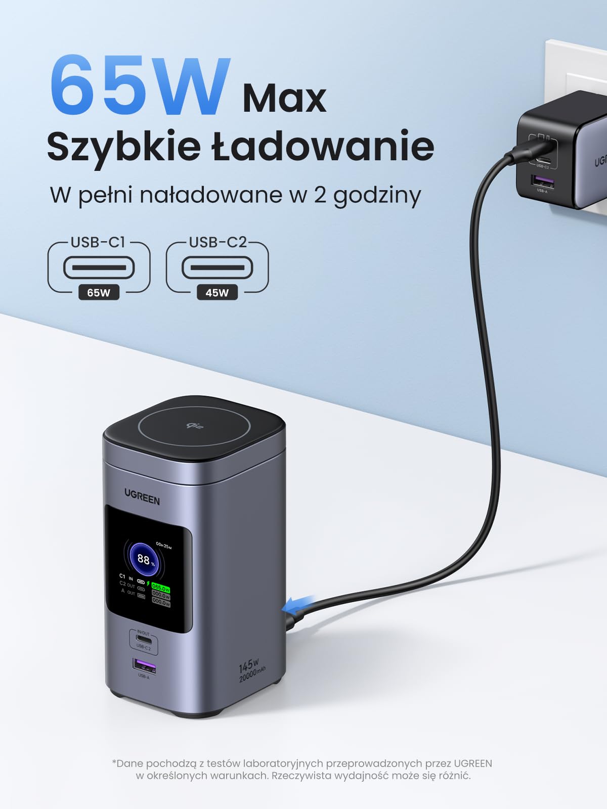 UGREEN Nexode Pro Powerbank 20000mAh 145W, z Qi2 15W ład. bezpr. | 2x USB-C+1x USB-A, ładowanie bezprzewodowe dla iPhone, port USB-C max. 100W, wyświetlacz TFT, do podróży/biura