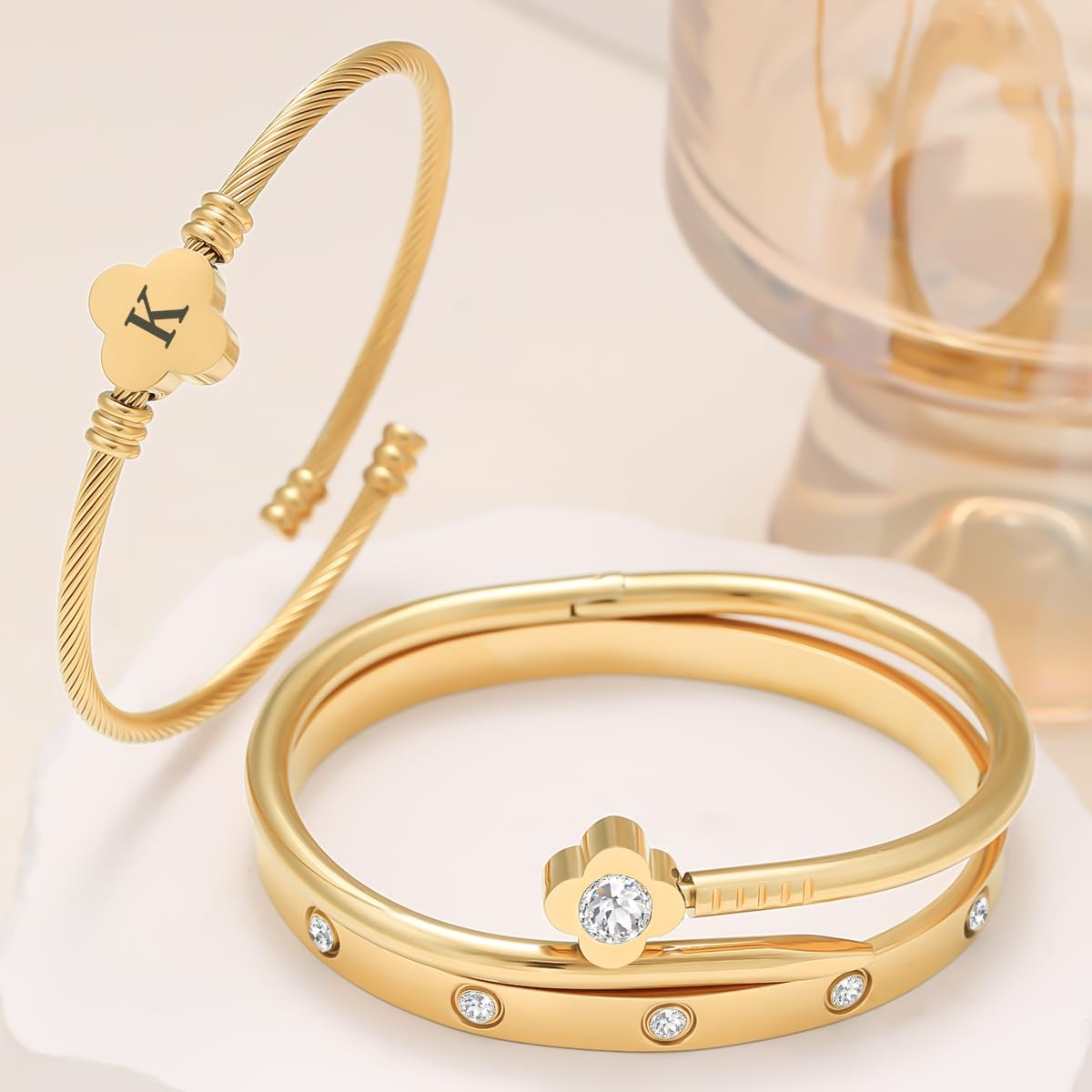 14K Gold Plated Personalized Flower Bracelet Set with Initial Charm Trendy Stackable Jewelry for Women - Image 5