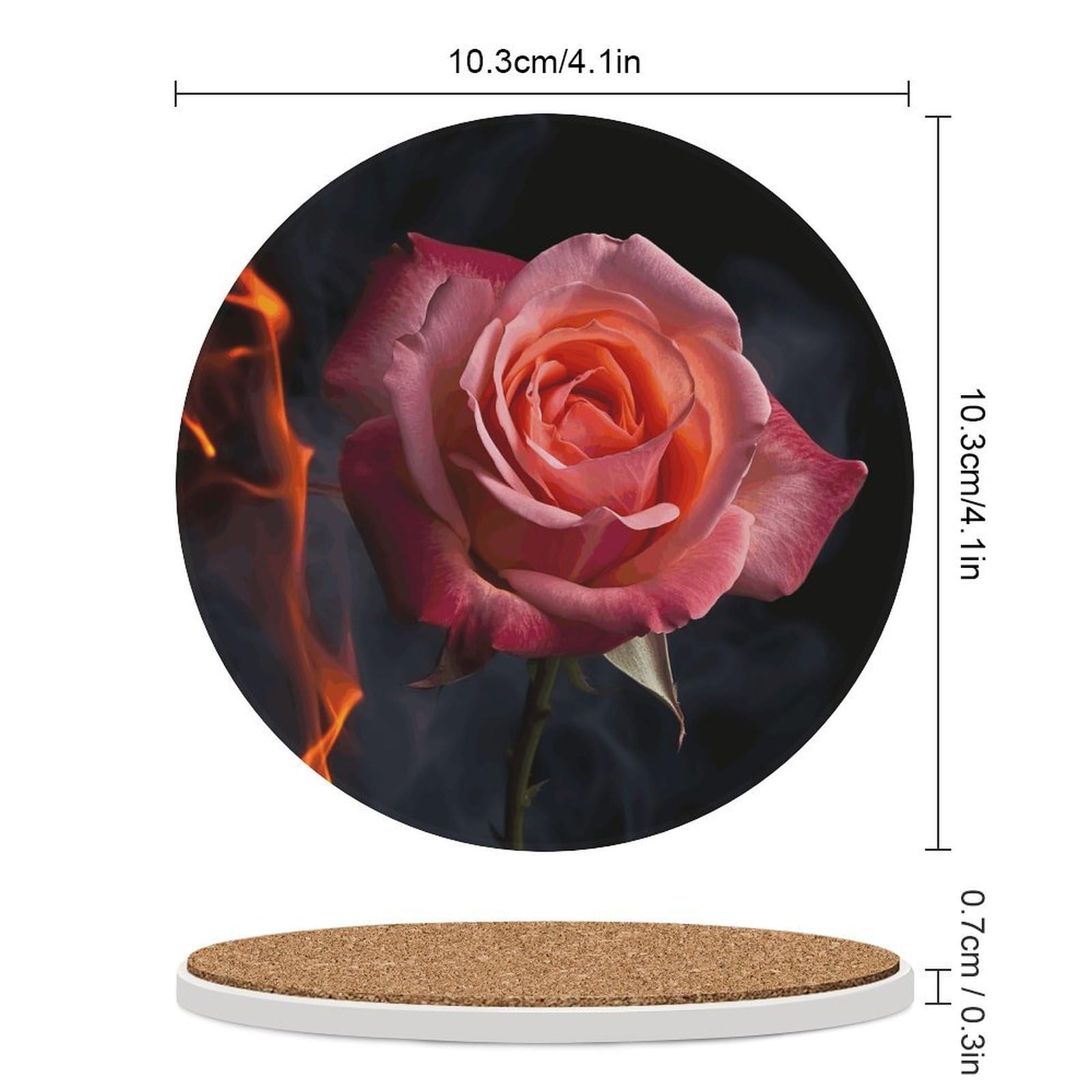Rose4 - Sottobicchieri con supporto per tavolino da caffè, sottobicchiere in ceramica con base in sughero, sottobicchiere in ceramica per bevande fredde o calde, 10 cm