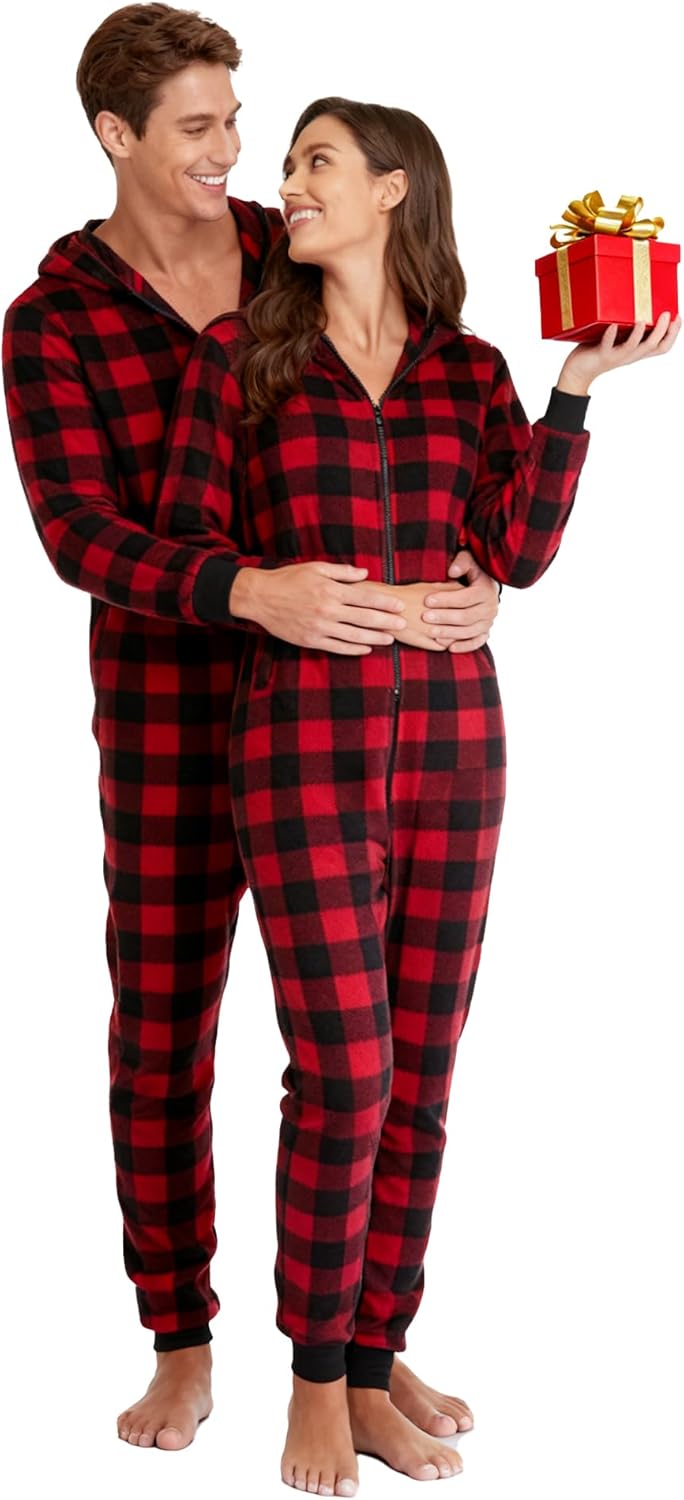 COLORFULLEAF Matching Couple Fleece Onesies with Hood - Plaid Christmas Pajama Set, Warm Zipper Jumpsuit Pjs for Women & Men - Image 3