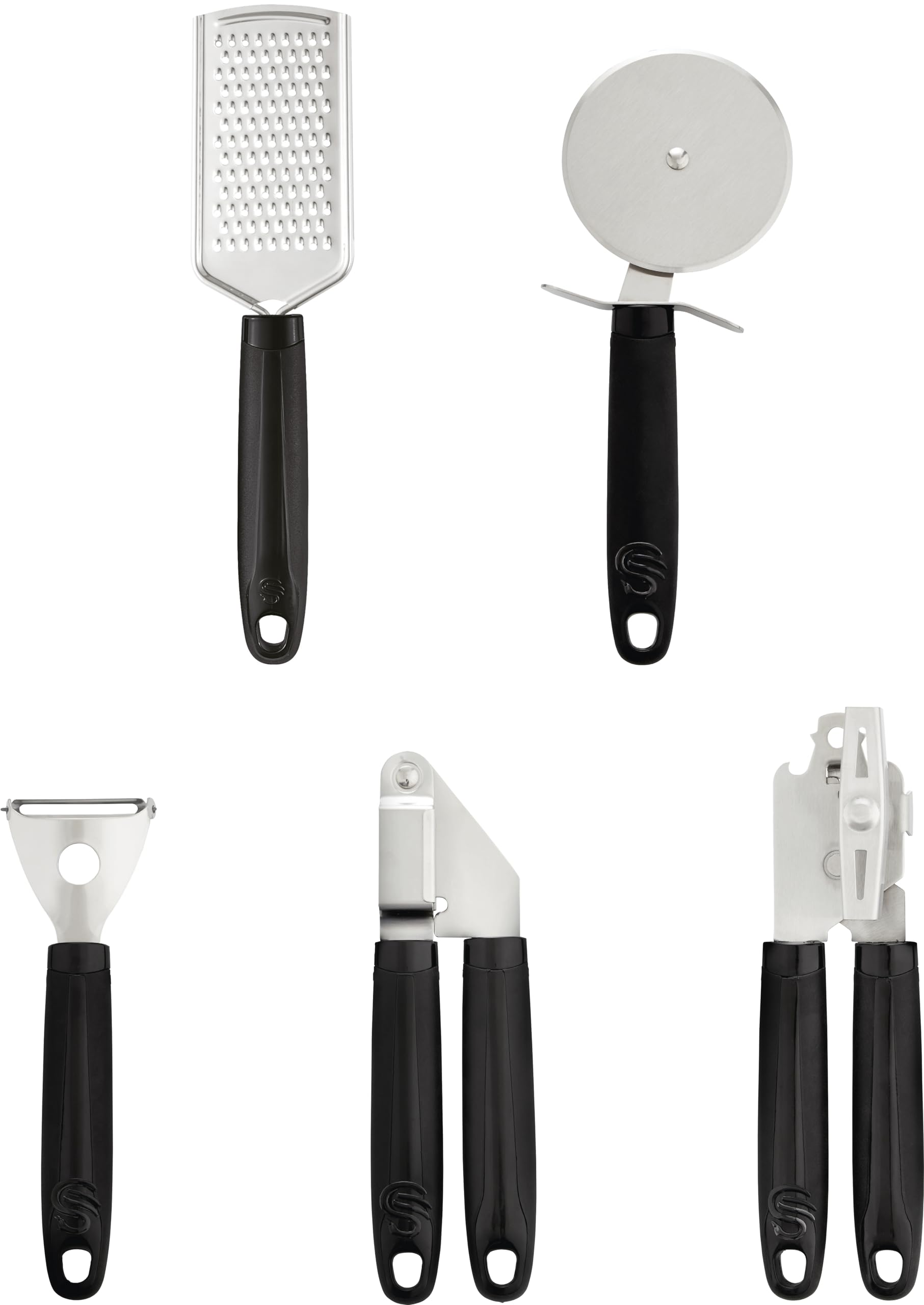 Swan Black Stealth 5 Piece Stainless Steel Gadget Set, Pizza Cutter, Y Peeler, Garlic Press, Can Opener, Grater, Soft Touch Handles, Hanging Holes, & Stainless Steel Swka61012blkn