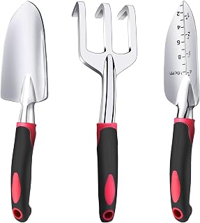 Fosiweelo 3-Piece Aluminum Garden Tool Set: Hand Trowel, Transplanter Shovel & Cultivator Rake with Non-Slip Rubber Handles