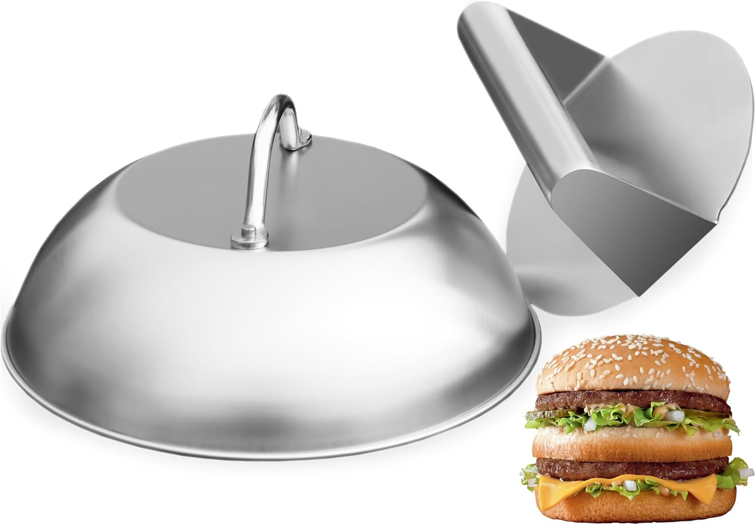 Smash Burger Press & Melting Dome Kit – 5.5" Grill Press + 8.9" Basting Cover | Heavy-Duty Stainless Steel Griddle Accessories for Flat Top Grill & Stovetop Cooking
