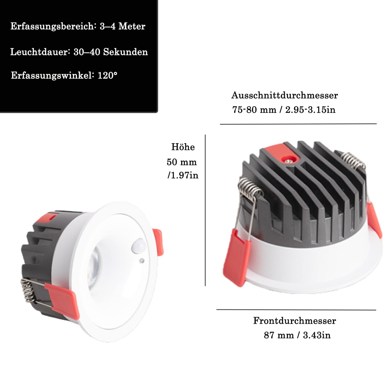 5er Set LED Einbaustrahler, 75mm Lochmaß, 7W Einbaurahmen, 230V LED Spot, Bewegungsmelder Unterputz, 120° Infrarot-Sensor, 3m Reichweite, Für Küche Wohnzimmer, Weiß