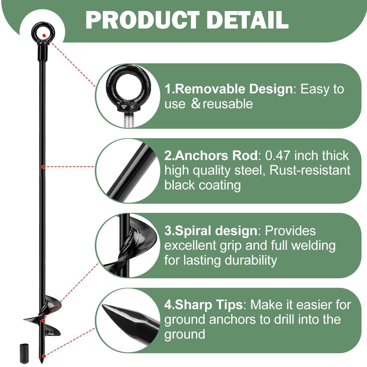 Tinnmao Kit di ancoraggio a terra da 76 cm, resistente, con cavo zincato e tenditori, ancoraggio a vite per capannoni, altalene, case mobili, trampolini