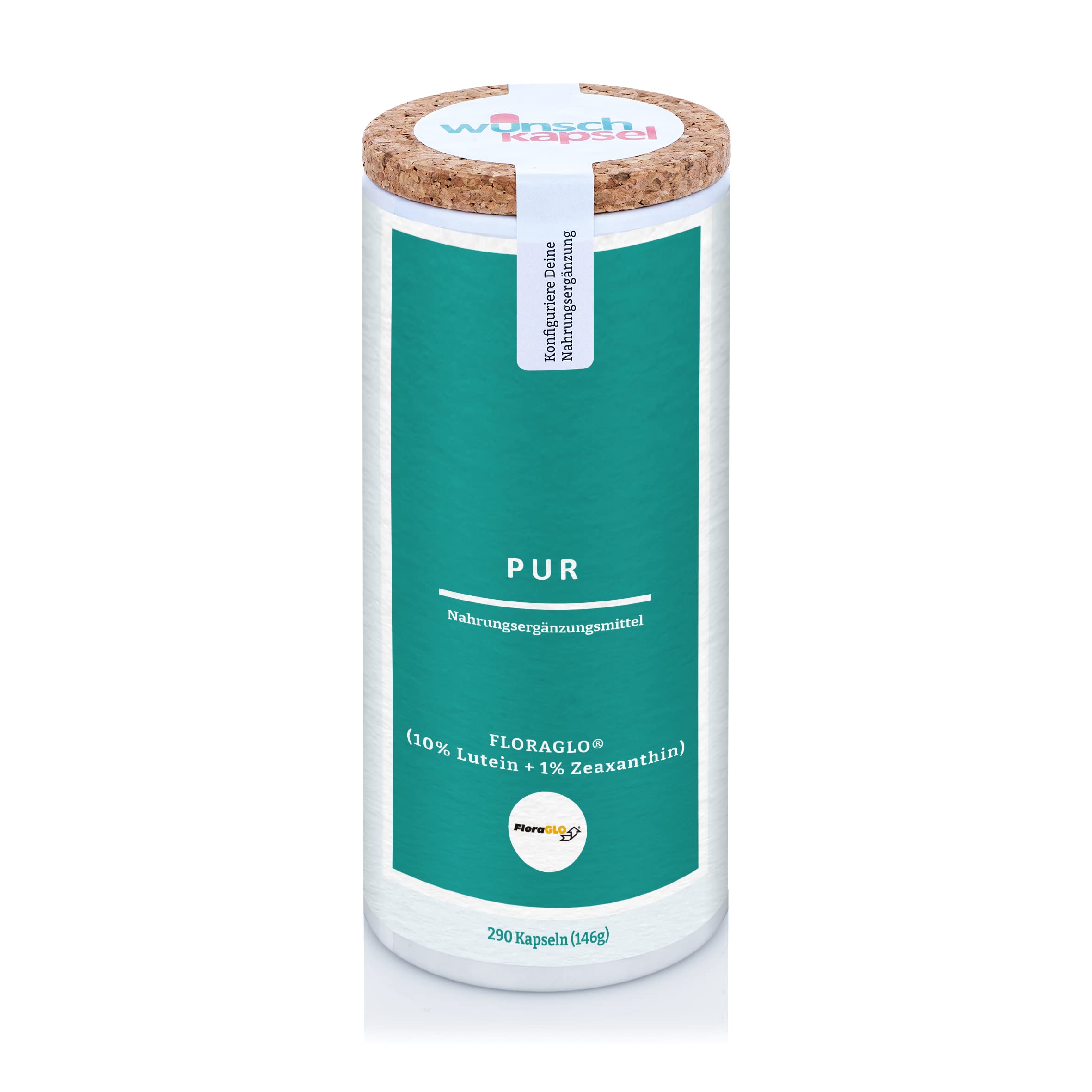 FloraGlo Pur, exklusives Lutein (20 mg pro Tag) und Zeaxanthin (2 mg pro Tag) aus Tagetes erecta-Extrakt. Premium Nahrungsergänzungsmittel aus der Wunschkapsel-Manufaktur. 290 vegane Kapseln