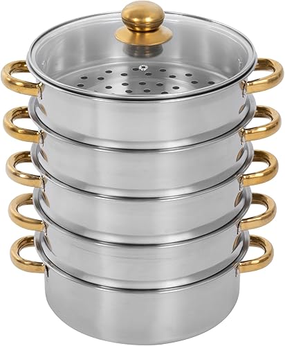 Olla de vapor, olla de vapor de acero inoxidable de 5 niveles con práctica asa de tapa, utensilios de cocina multiusos de 5.0 cuartos de galón para
