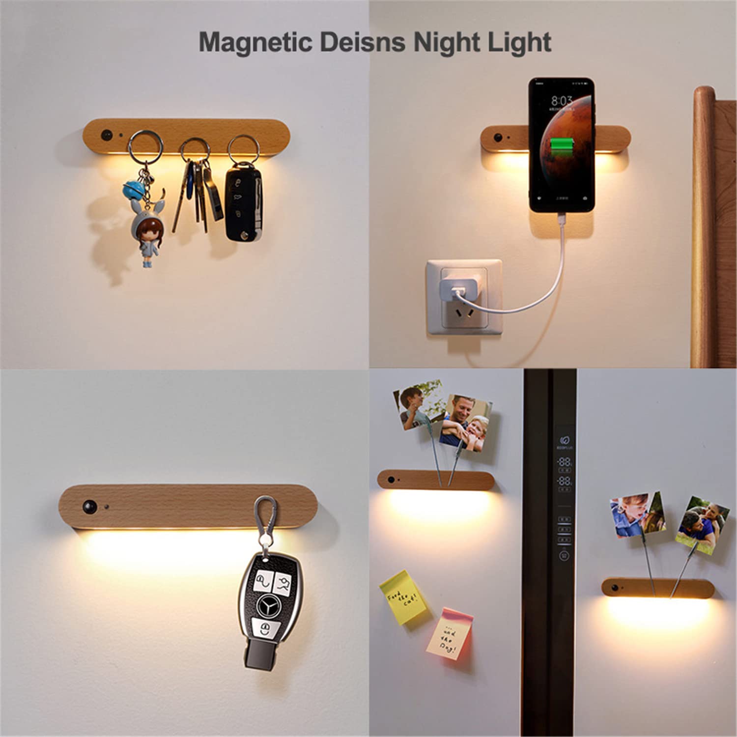 Luz Nocturna con Sensor de Movimiento, luz de Lectura magnética de Madera Recargable por USB, Apliques de Pared LED, lámparas para habitación de niños, Cama, hogar y Oficina