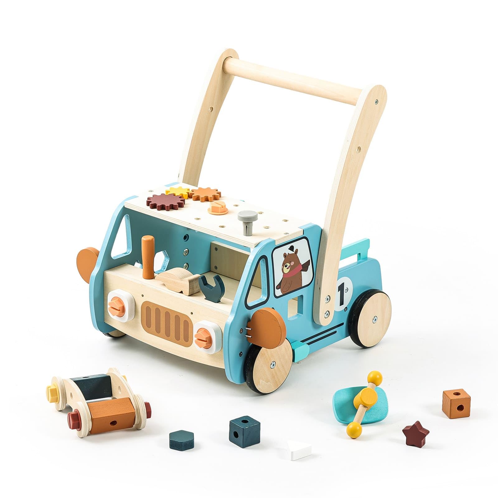 IEATFOWooden Baby Walker Adjustable Height with Tool Bench and Toy Storage Wagon - Multifunctional Toddler Push Walker Ergonomically Designed for Natural Walking - 3+ Years of Continuous Use