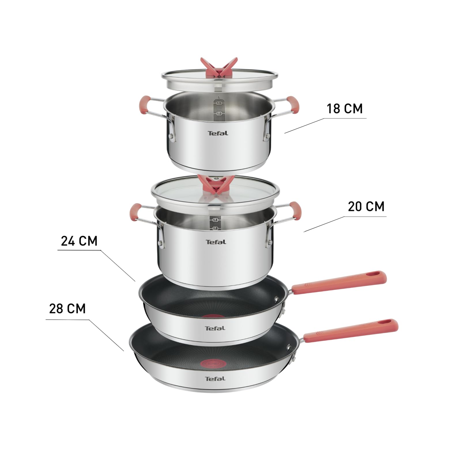 TEFAL G720S604 Opti'Space Zestaw Garnków i Patelni, układanie stosy, stal nierdzewna 18/10, grube dno Thermo-Fusion, do każdej kuchenki, skala pojemności, nienagrzewające uchwyty, 6 elementów, srebrny