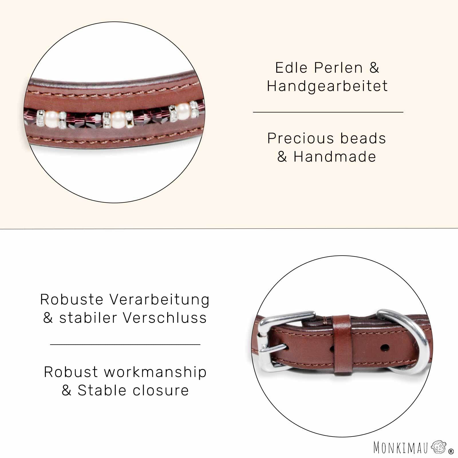 Monkimau Halsband Hund echt Leder Hunde Halsbänder braun mit Kristallen Lederhalsband verstellbar Dog Collar Hundehalsband (XS-S: 20mm x 40cm)