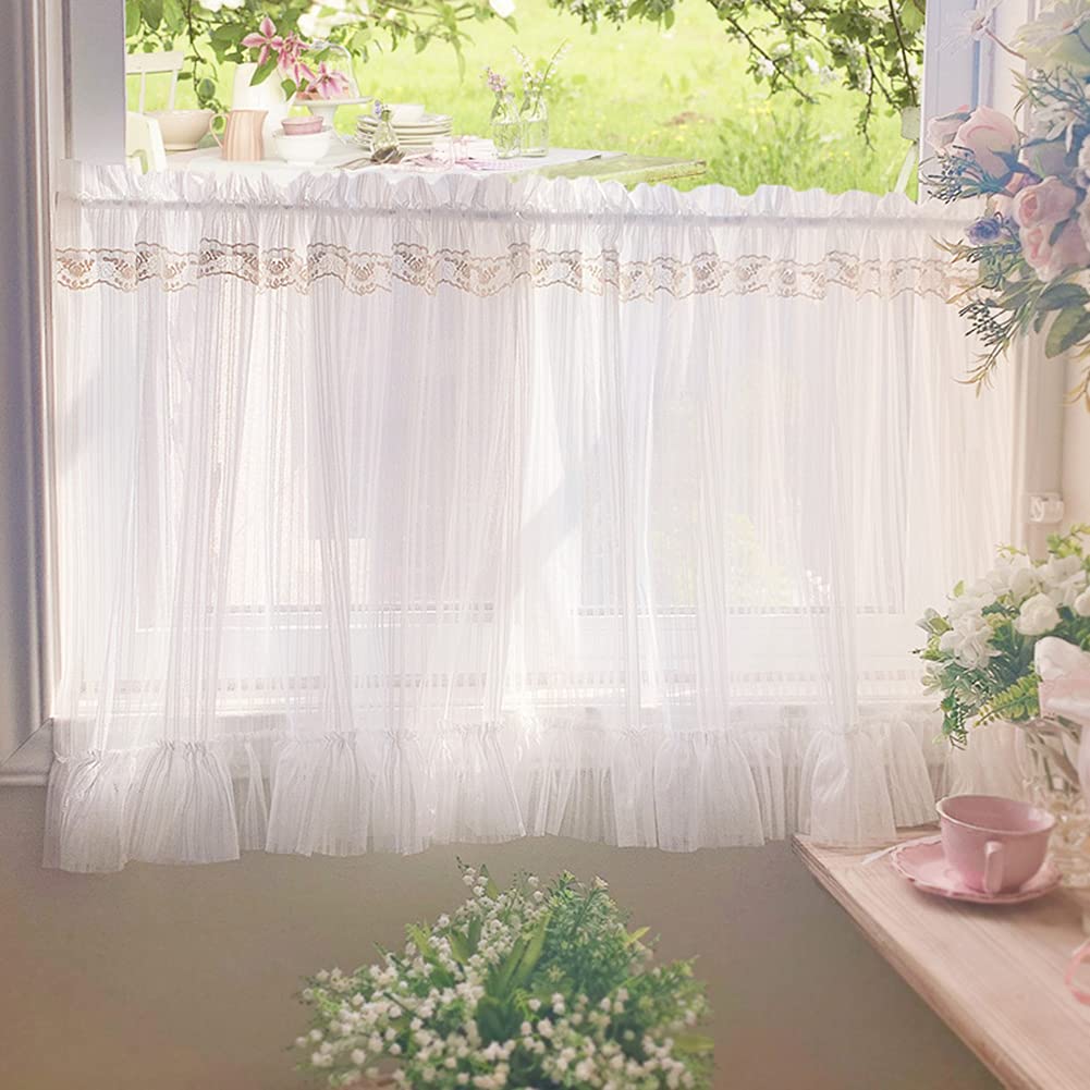 ORICALCHASM Short Curtains, Modern White Voile Valance with Ruffles, Striped Tulle Curtain Drapery, Half Curtain for Window/Door, 1 Panel(WxH 200x50cm/79x20inch)