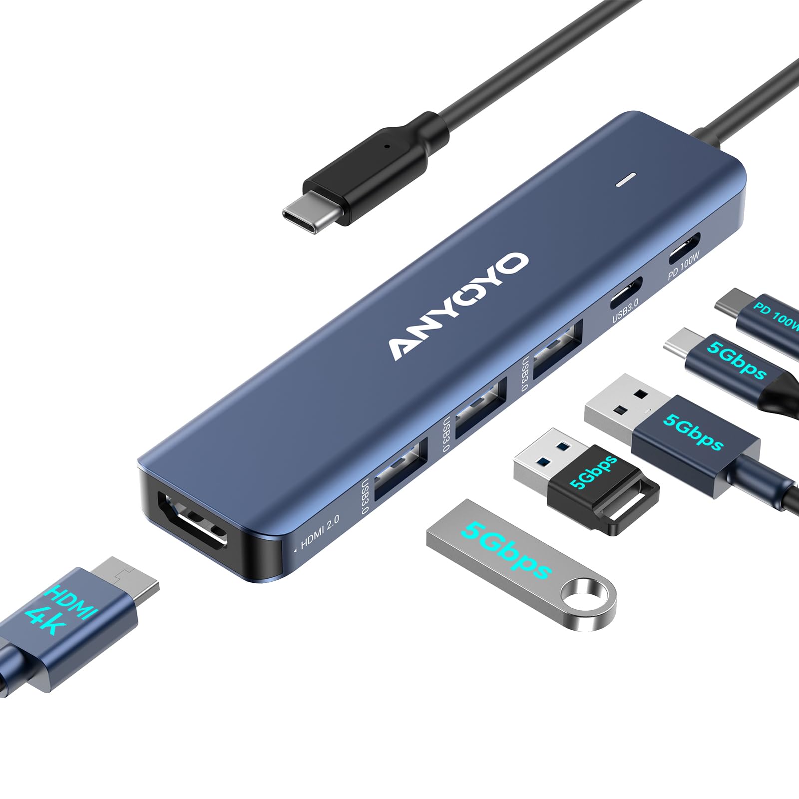 ANYOYO Docking Station,6-in-1 USB C Multiport Adapter with 4K HDMI, 4*USB 5Gbps(3A+1C),100W PD Aluminum USB Hub for MacBook Pro/Air, Other Laptops and