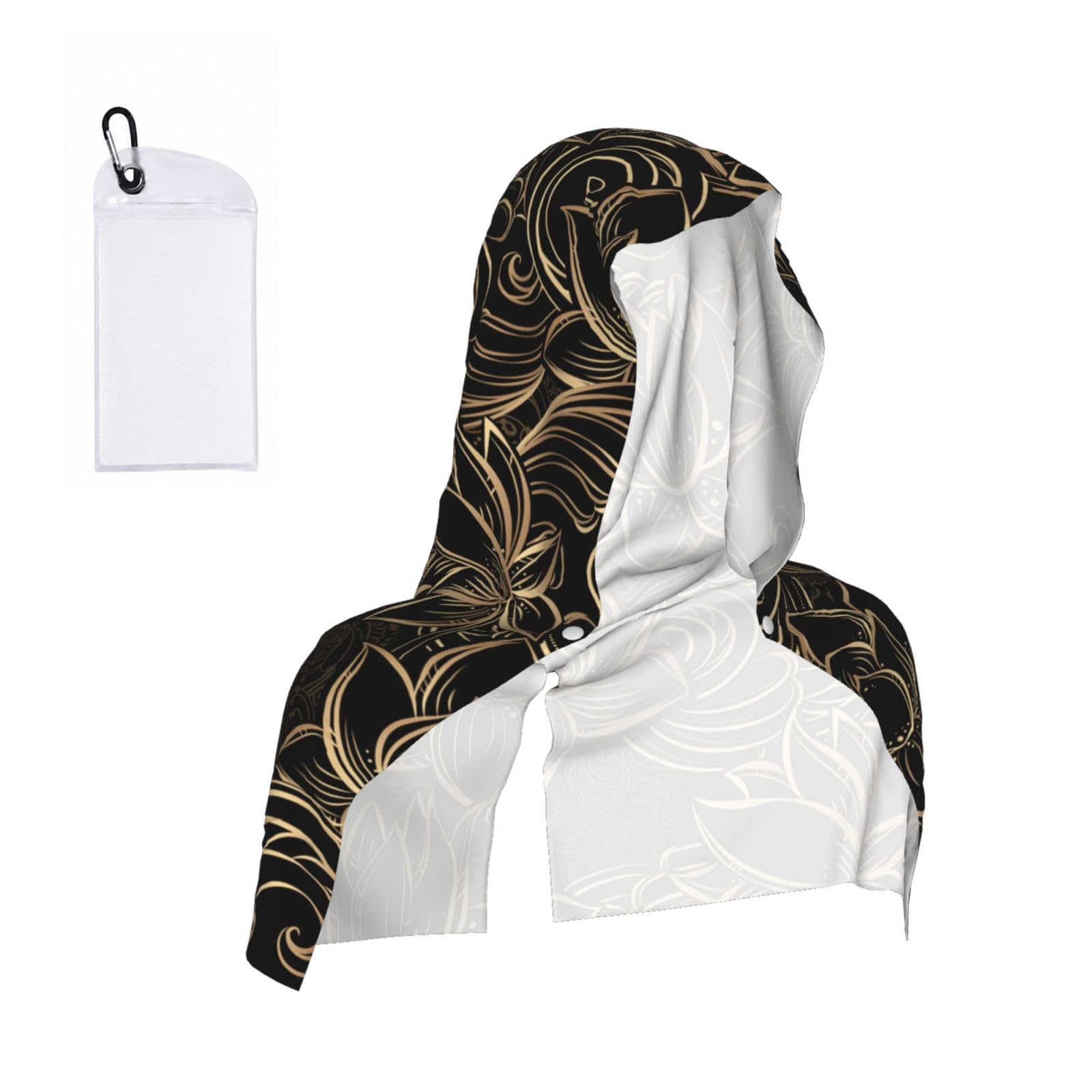 Esnaiuvcd Black Boho Gold Lotus Flowers Print Multifunctional Cooling Hoodie Bandana Portable Sweat Absorbing Design For Beach Workouts Exercise Heat Relief Accessories