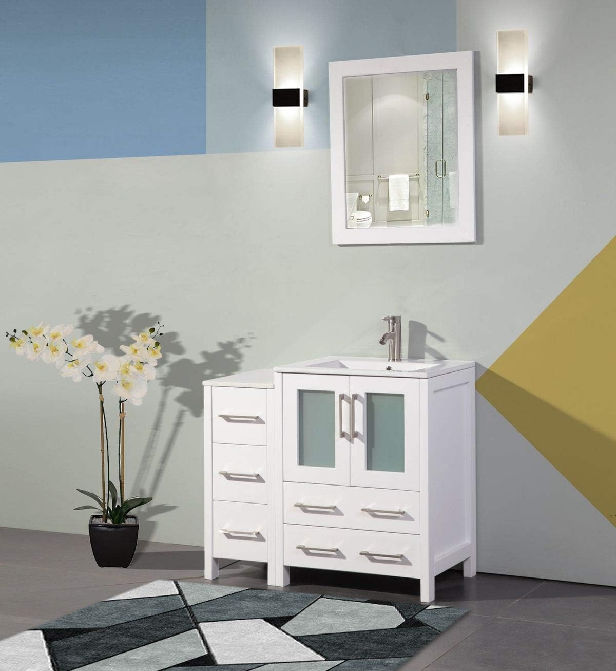Vanity Art 36 Inch Under Mount Single Sink Bathroom Vanity Cabinet with 1 Mirror, Ceramic Top Bathroom Cabinet Compact Set with 5 Dovetail Storage Drawers and Brushed Nickel Handles, VA3024-36-W