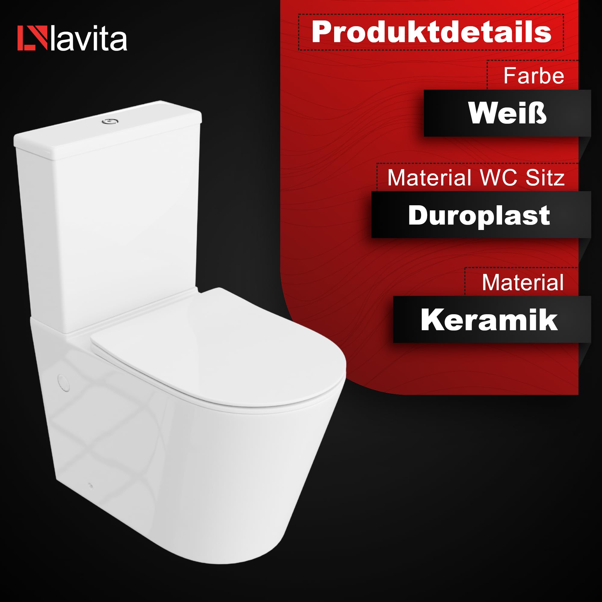 LAVITA WC monoblocco con cassetta di scarico integrata ANTON WHITE Set completo WC con coperchio con chiusura automatica WC in ceramica senza brida Sistema di scarico TORNADO