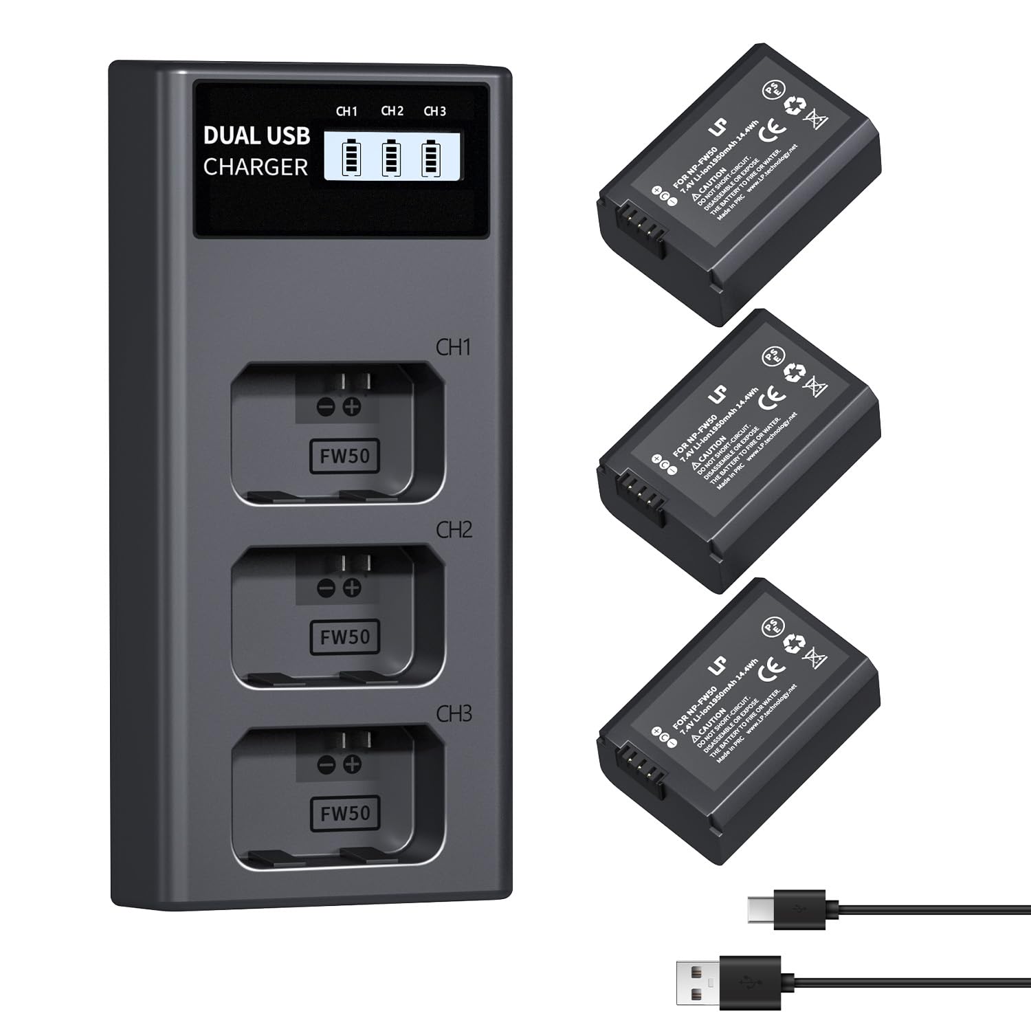 LP NP-FW50 Battery Charger Pack, 3-Pack 1200mAh Battery & Triple Slot Charger for Alpha A5000, A5100, A6000, A6100, A6300, A6400, A6500, A7, A7II, A7R