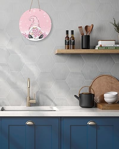 Miniatura 5 de Letrero de bienvenida de temporada para puerta delantera, gnomo de Navidad, copo de nieve, rosa nieve, coronas redondas de madera, letrero colgante