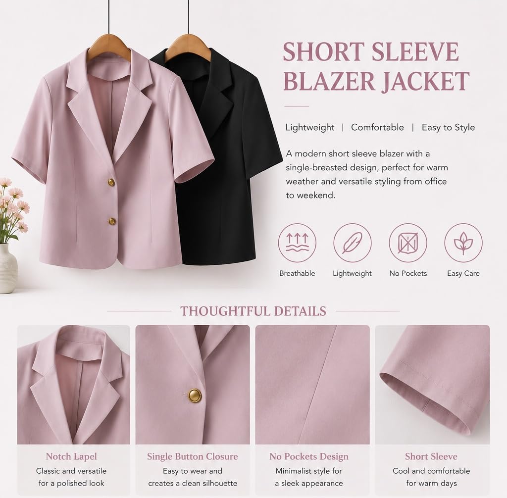 Blazer De Manga Corta para Mujer Ligero Estilo Casual De Negocios Chaqueta De Oficina Solapa con Muesca Dos Botones Elegante Boleros para El Trabajo y Ocasiones Formales.