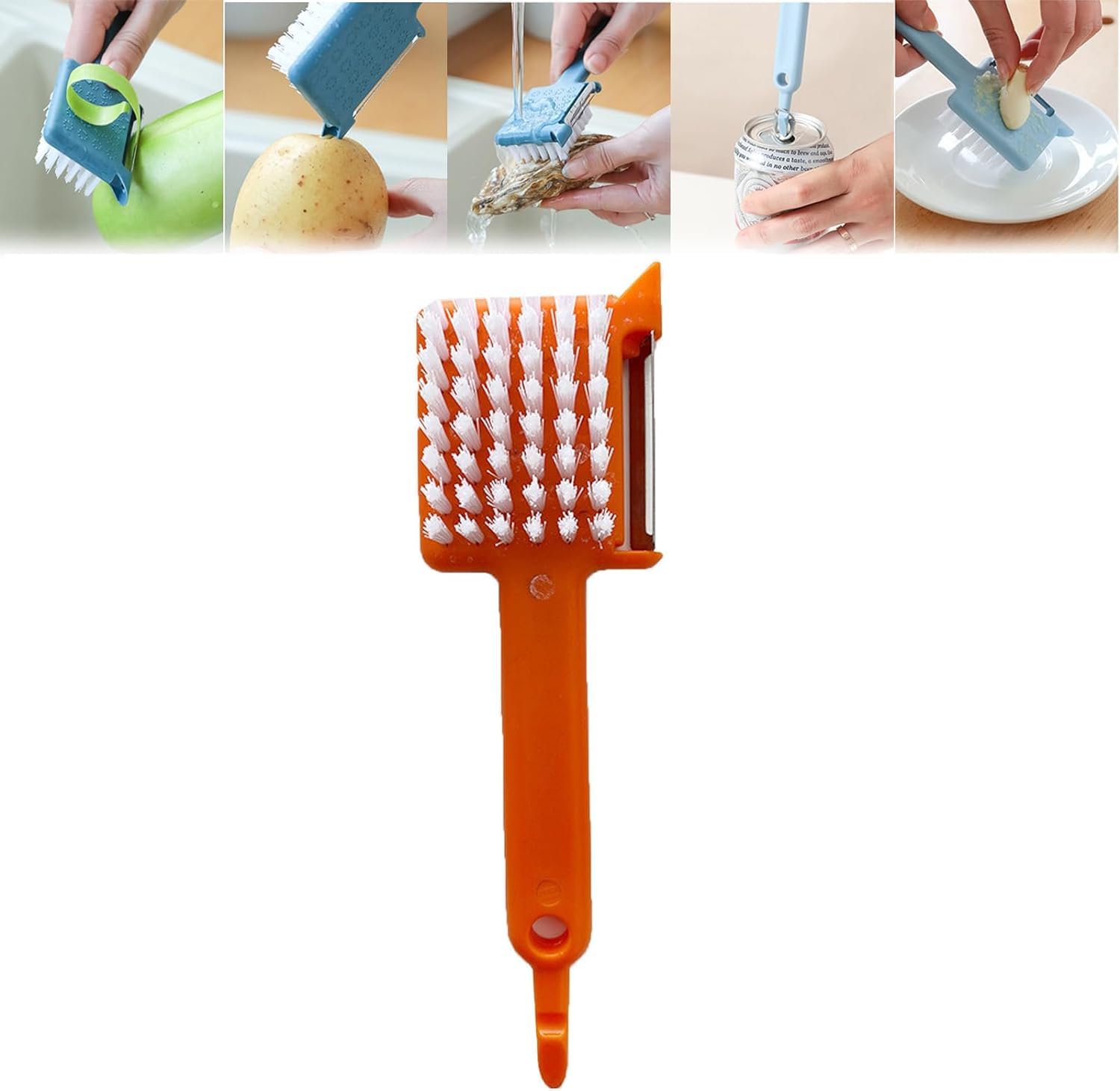 Fafour Orange Multipurpose Peeler Brush, 5 In 1 Vegetable Peeler With Brush, Stainless Steel Potato Peelers, Multifunctional Vegetable Peeler With Long Handle For Potatoes Carrots Fruit Kitchen Tools (Orange)