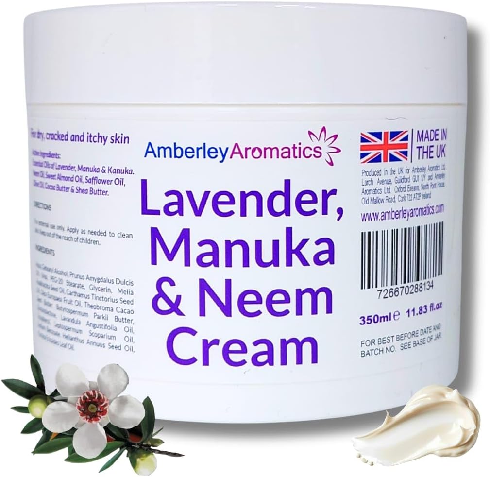 Lavender, Manuka & Neem Cream - Antibacterial, Anti-fungal, Antiseptic, Anti-Itch, Dry and Cracked Skin. Suitable for Senstive Skin. Eczema & Psorasis. Chapped Skin, Rough Dry Skin. (350ml Jar)