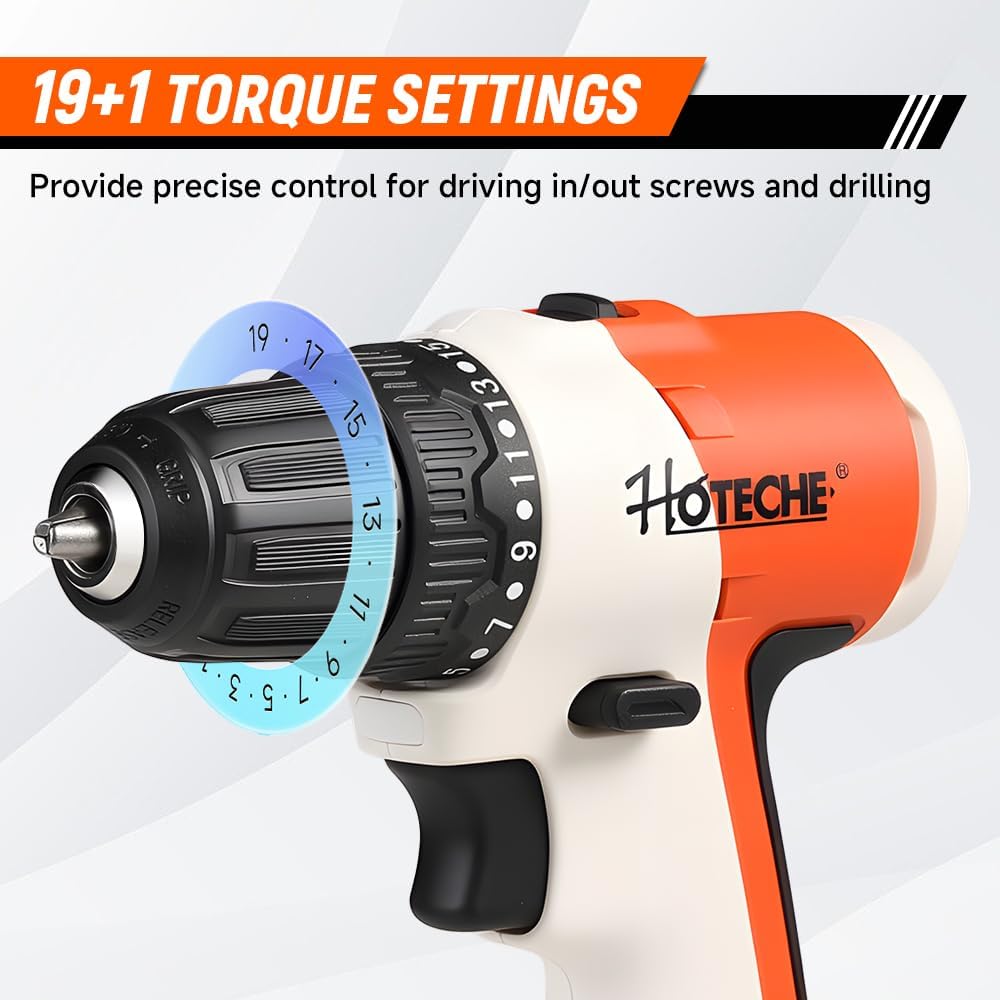 Hoteche 20V Cordless Brushless Drill Set - 2 x 2.0Ah Batteries, 60-Min Fast Charge, 19+1 Torque, LED Light, Storage Case