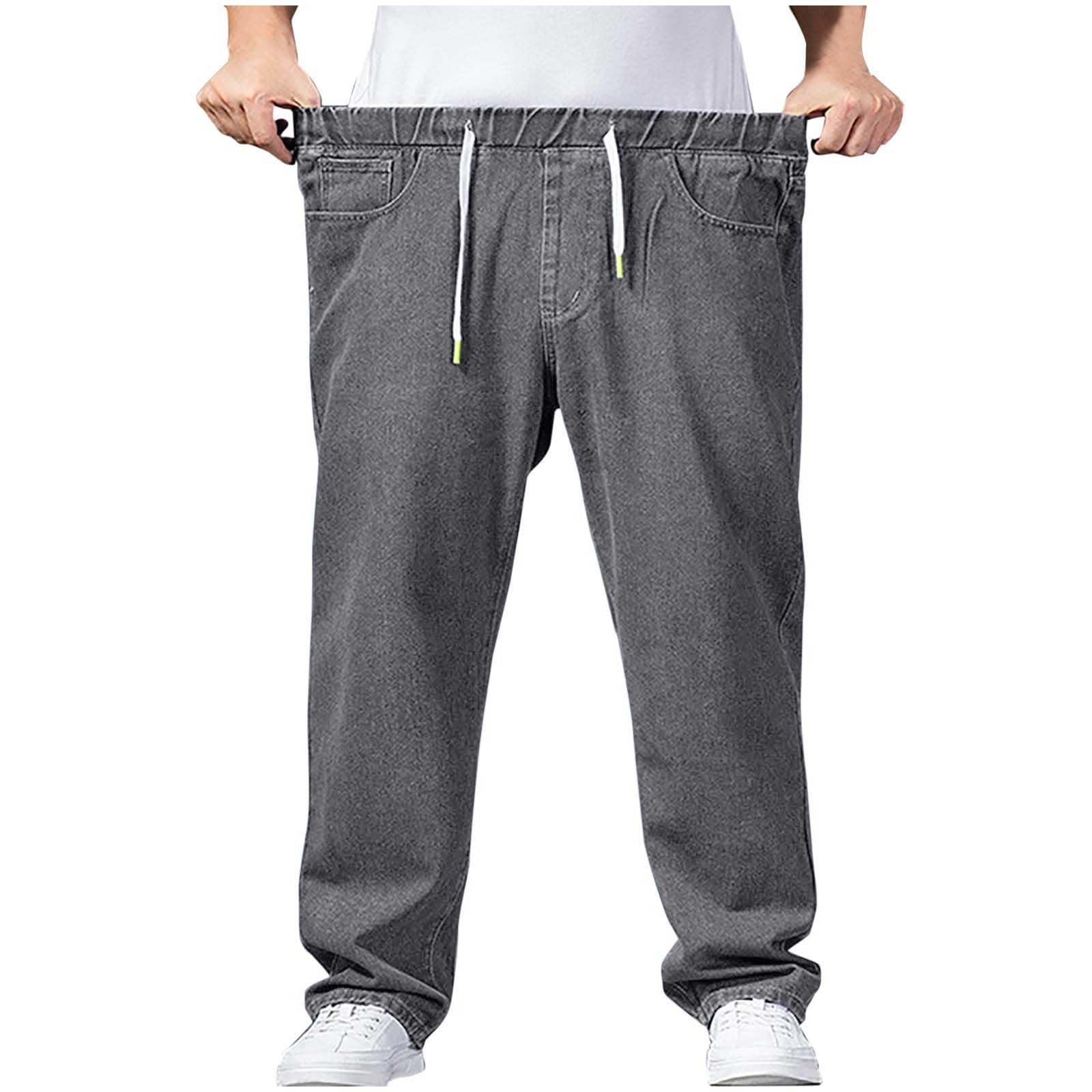 Jeans da uomo elasticizzati con tasche laterali, jeans da uomo, vestibilità comoda, in denim, in vita elasticizzata, con gamba larga, jeans alla moda, con coulisse e tasche