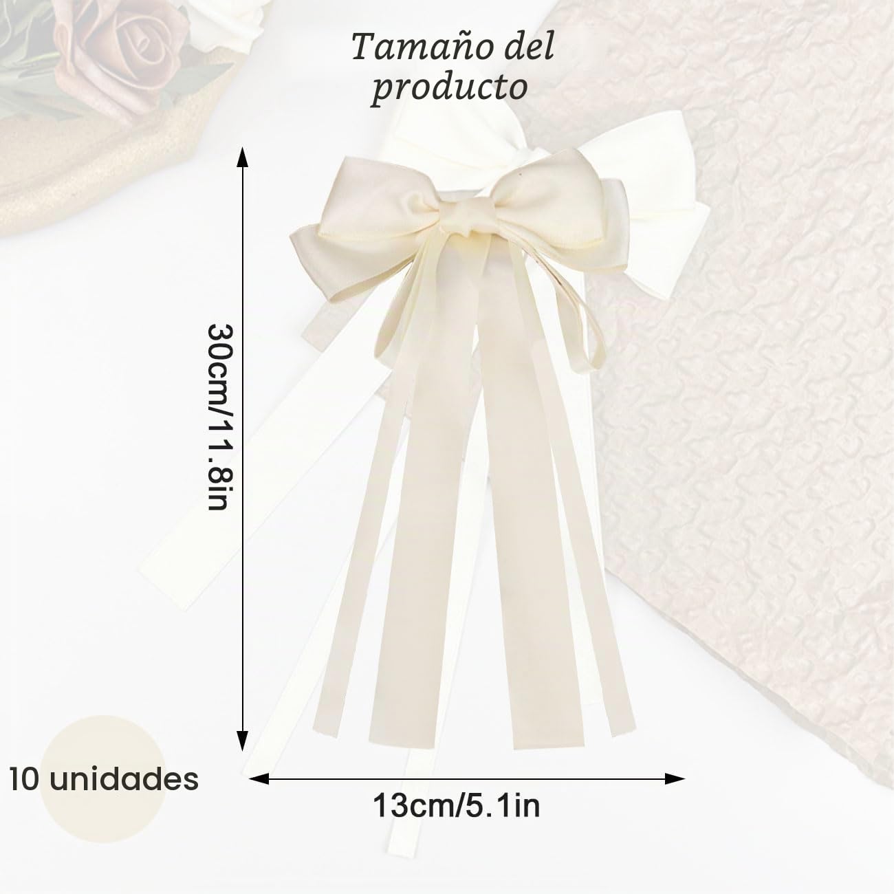 10 Pcs Lazos Dobles de satén para Coches Boda, Lazos Decorativos Envolver Regalos, Manualidades, Bolsas Caramelos, árboles Navidad, decoración Bodas, decoración mesas, Beige