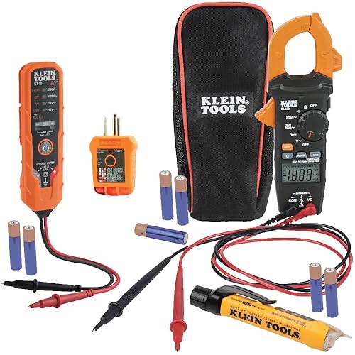 Kit de prueba de voltaje eléctrico CL120VP de Klein Tools con medidor de pinza, tres probadores, cables de prueba, estuche y baterías