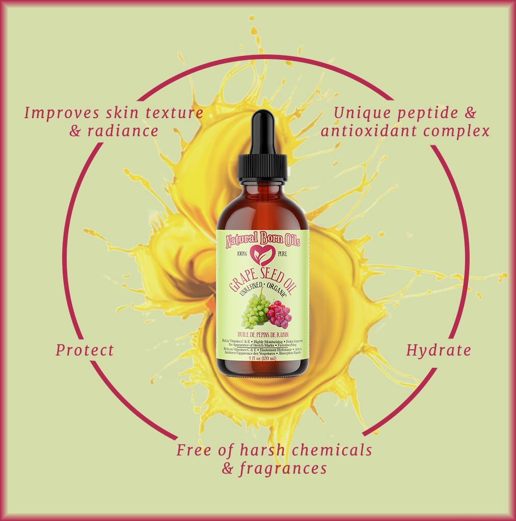 Grape Seed Oil, 16oz, Organic, Cold-Pressed, Nutrient-Dense, Deep Skin Nourishment, Hair Revitalization, Natural Born Oils.