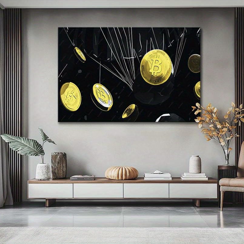 VCBNUGH Decorazione da parete, stampa su tela con monete, arte moderna tecnologica, decorazione per camera da letto/soggiorno (50x70 cm/con cornice)