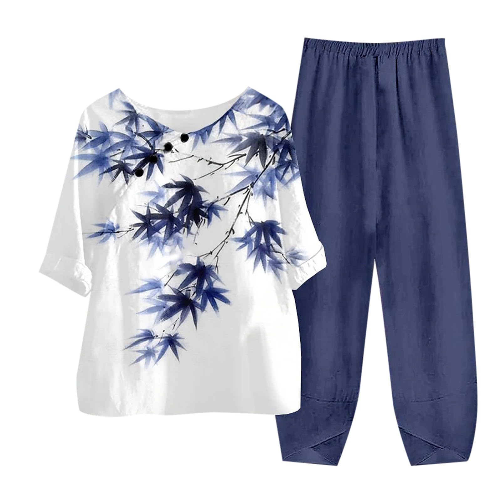 Women Casual Blue Floral Print Three Quarter Sleeve Trousers Suit Body Suits for Women Sexy Pants