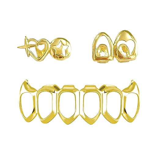 3PC Gold Grillz Set Open Face Hip Hop Teeth Jewelry Gold Plated Dental Caps for Top Bottom Removable Grills for Men Women