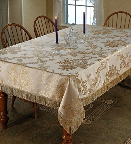 Violet Linen Majestic Damask Design Oblong/Rectangle Tablecloth, 60" x 120", Beige
