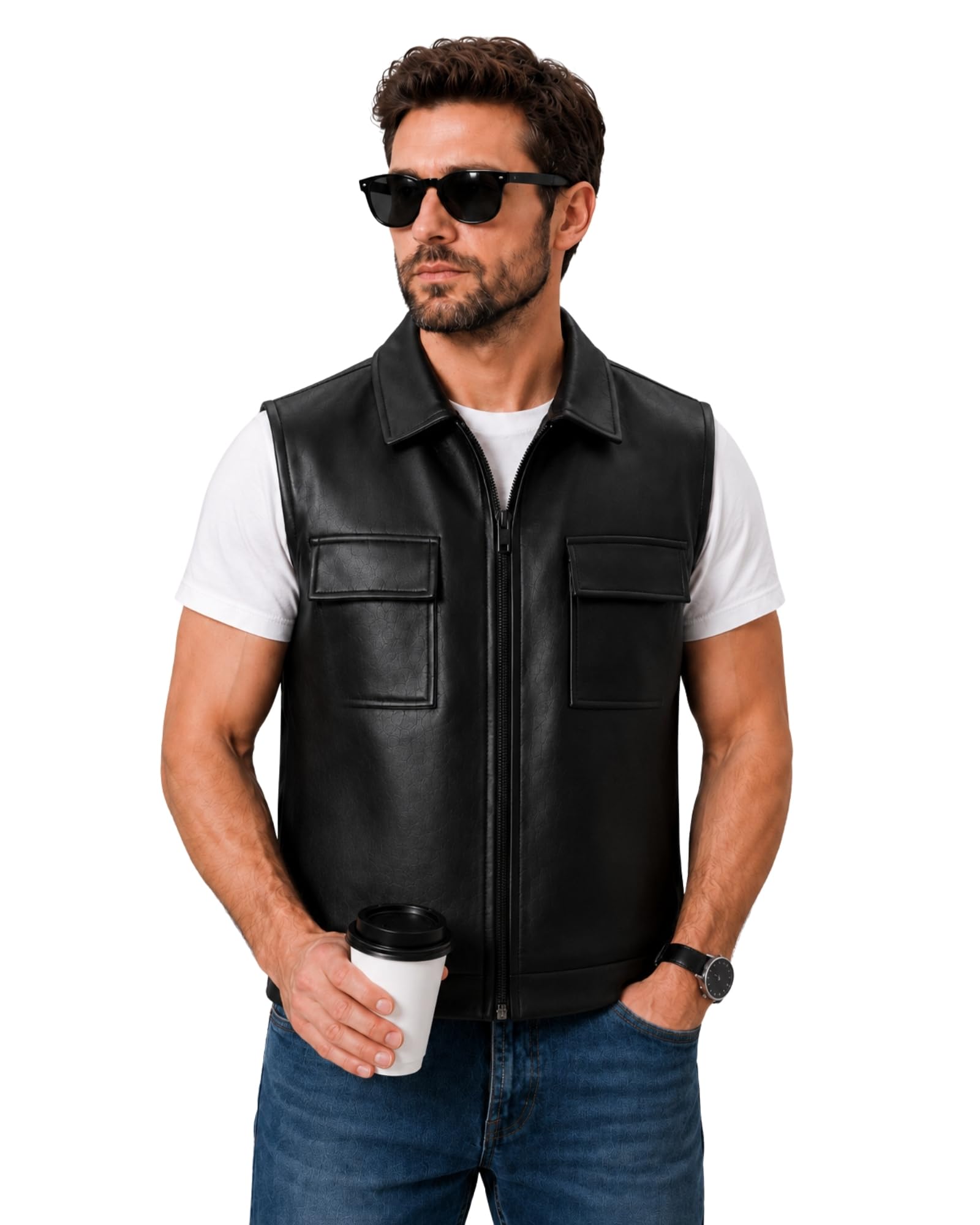 RAXEDO Men's Black Leather Sleeveless Gilet Jacket - Image 1