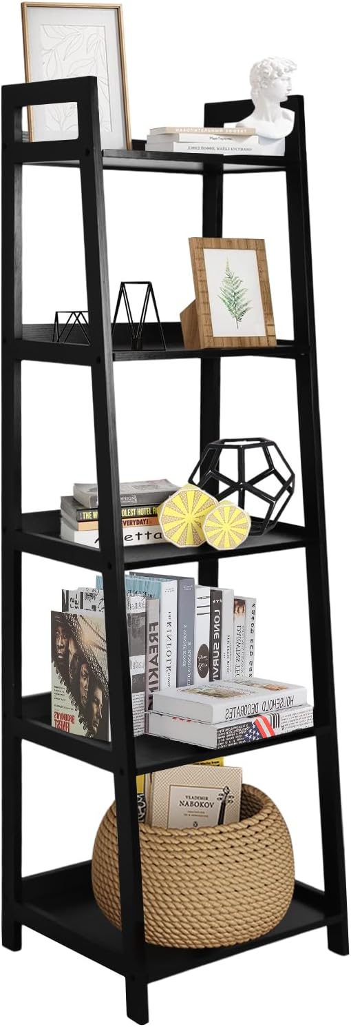 5 Tier Ladder Shelf, Large Capacity Bookshelf with Steel Frame and Wooden Surface, for Living Room, Bedroom, Kitchen, Black