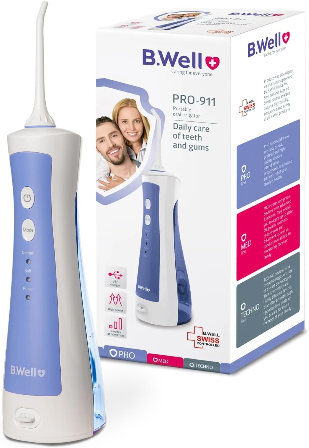B.Well Swiss PRO-911 - Irrigador bucal portátil e inalámbrico con 3 modos, 2 boquillas de rotación de 360°, depósito de agua de 150 ml, bolsa impermeable, apagado después de 2 minutos y hasta un mes