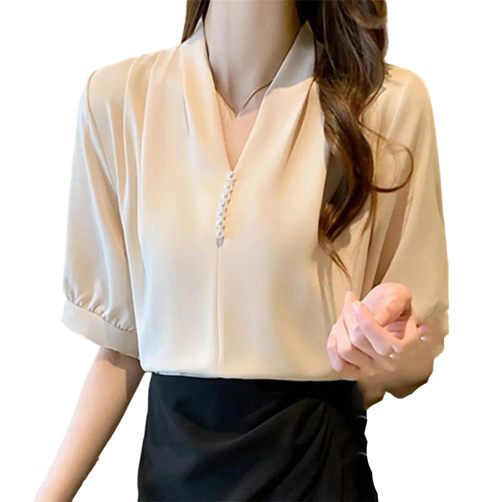 Camicetta da donna con scollo a V elegante estate coreana moda ufficio top vintage tinta unita camicia