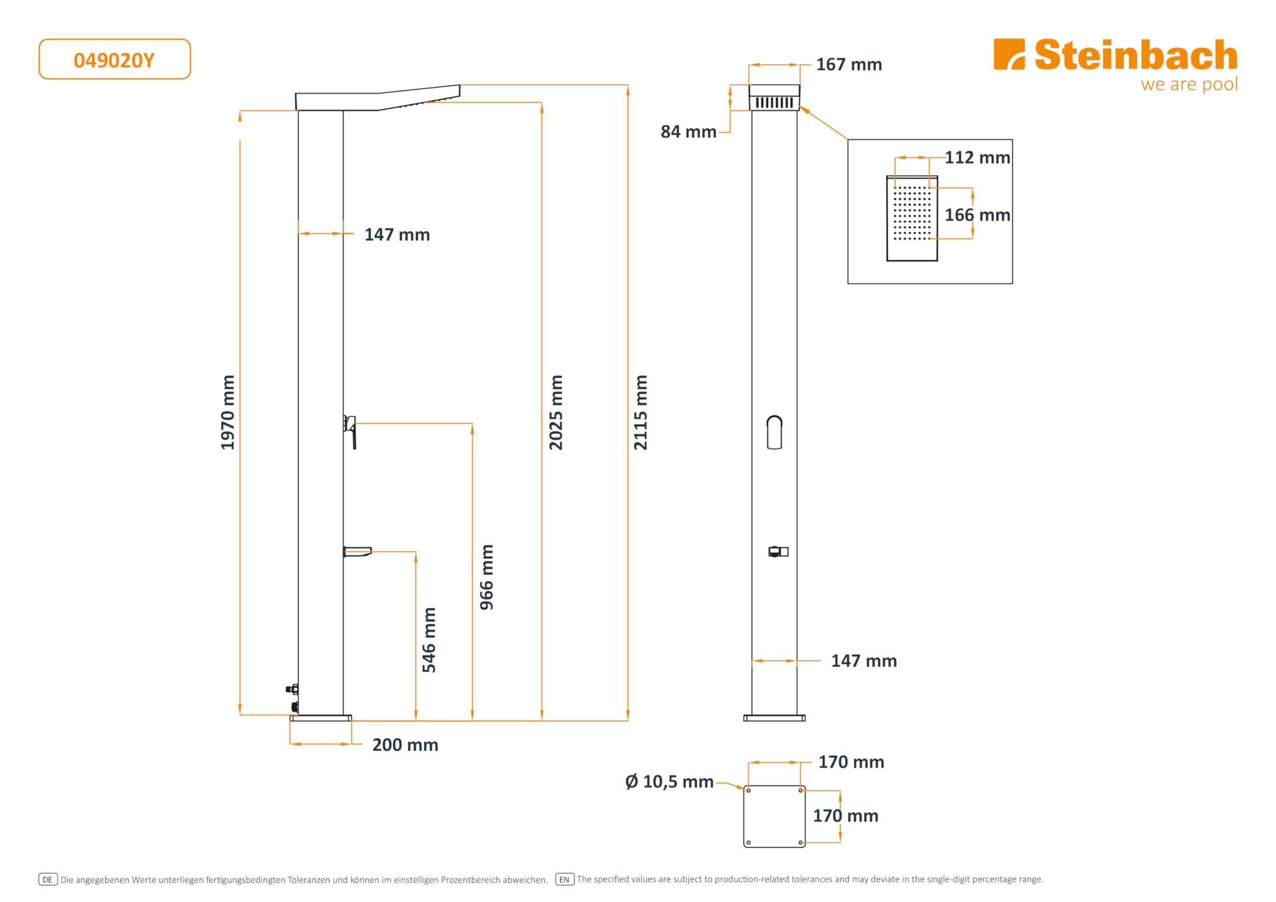 STEINBACH Solardusche Deluxe – 049020Y – Massive Gartendusche mit 40 l Aluminiumtank und Mega Duschkopf im schmaleren Design – 208 cm hoch