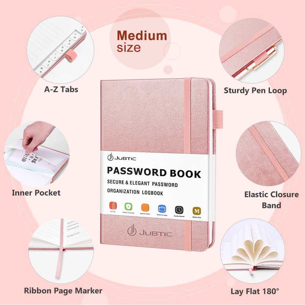 JUBTIC Libro de contraseñas con pestañas alfabéticas. Cuaderno de contraseñas de tamaño mediano para detalles de inicio de sesión de direcciones de sitio web de Internet. Diario de contraseñas de tapa