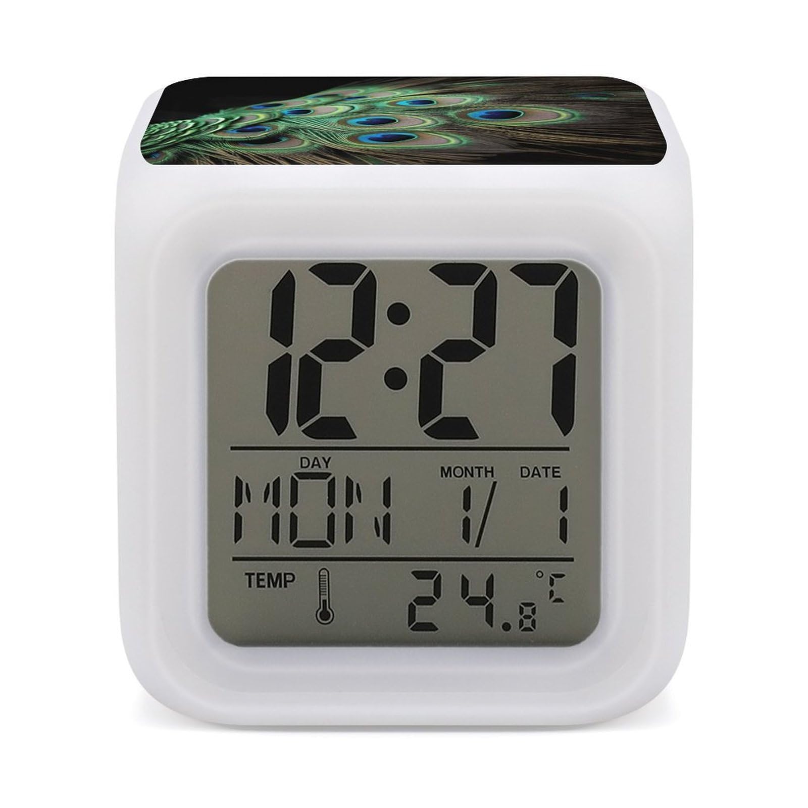 VstaDank Green Peacock Feather Digital Alarm Clock LED Display Screen Color Change Alarms Clock Smart Alarm Clock Wake Up Digital Clocks with 7 Color Nightlight for Bedroom