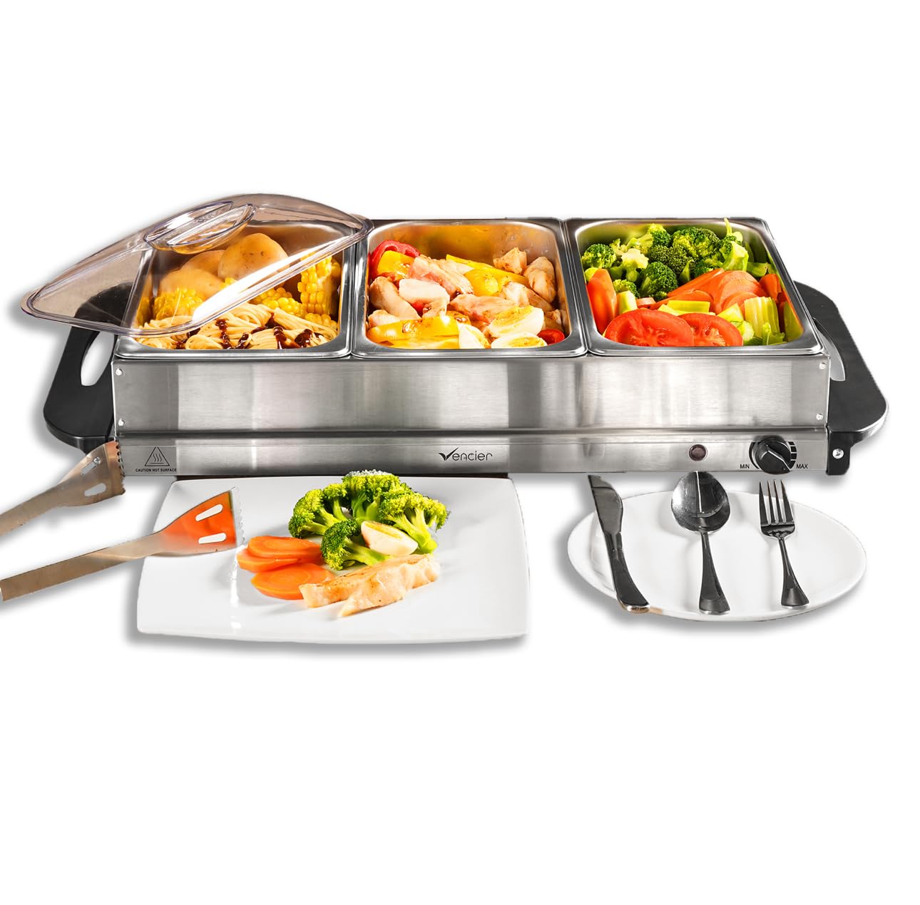 Vencier 3-Pan Buffet Server, 3 x 2.5L Capacity Per Pans, 300W Food Warmer with Adjustable Temperature, Portable Hot Plate & Chafing Dish, Bain Marie Steam Table for Catering & Entertaining