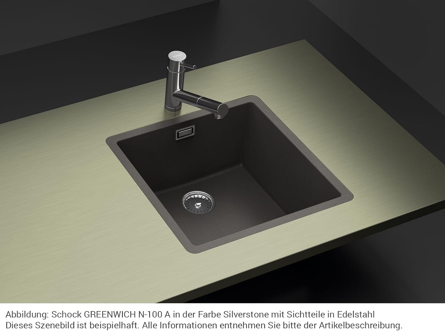 Schock Greenwich N-100 A sink in Silverstone color with a stainless steel faucet and visible stainless steel drain components.